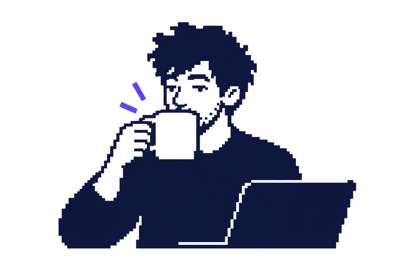 Desenvolvedor com café e notebook, desenhado em caracteres ASCII